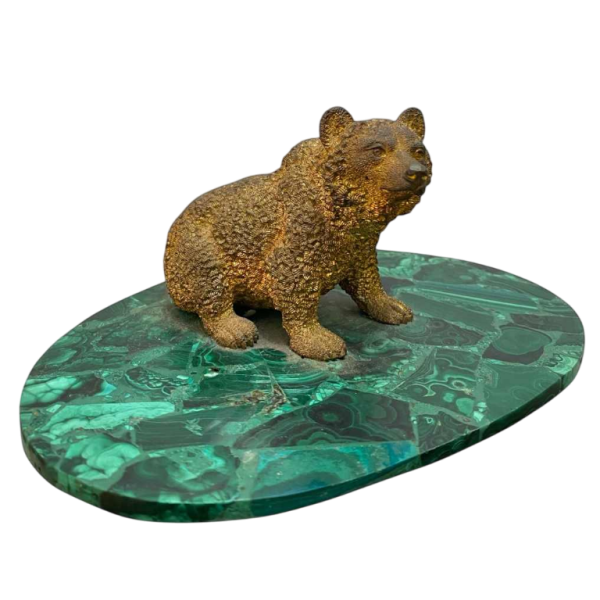 Sculpture en bronze, statuette d'ours sur un socle ovale en malachite