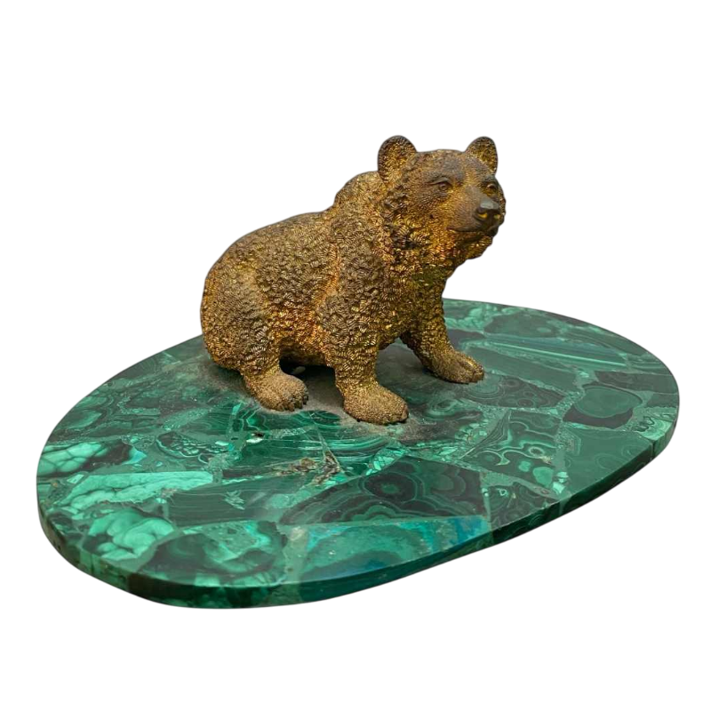 Sculpture en bronze, statuette d'ours sur un socle ovale en malachite