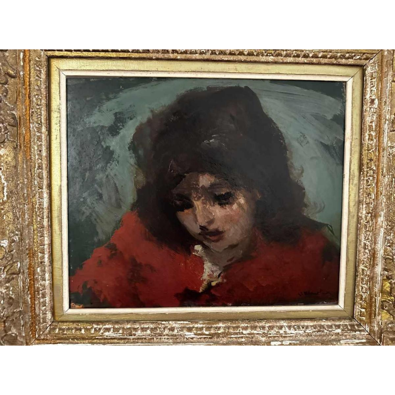 Vasyl Khmeluk, tableau huile sur carton, portrait de jeune fille