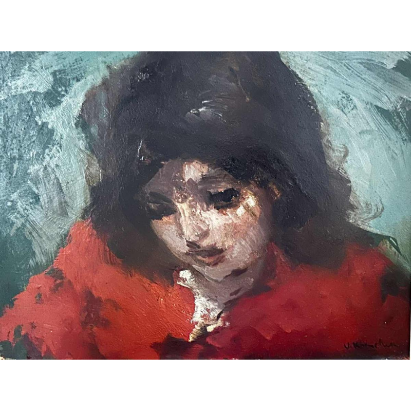 Vasyl Khmeluk, tableau huile sur carton, portrait de jeune fille