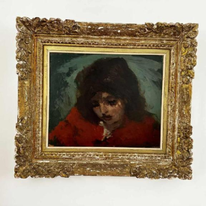 Vasyl Khmeluk, tableau huile sur carton, portrait de jeune fille