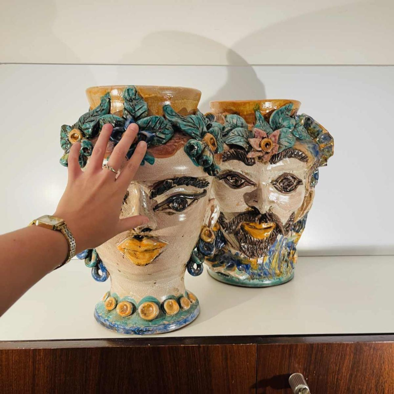 Caltagirone Sicilia Tête de Maure keramische plantenbakken vazen, Italië midden 20e eeuw