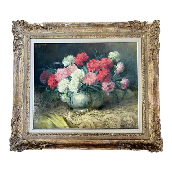 Julien STAPPERS “Bouquet d'œillets“, painting oil on canvas, 20th century