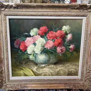 Julien STAPPERS “ Bouquet d’œillets “, tableau huile sur toile, XXème