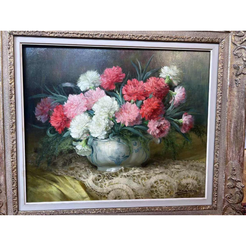 Julien STAPPERS “ Bouquet d’œillets “, tableau huile sur toile, XXème