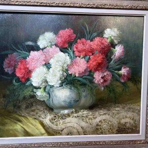 Julien STAPPERS,“Boeket anjers“, schilderij olieverf op doek, 20e eeuw