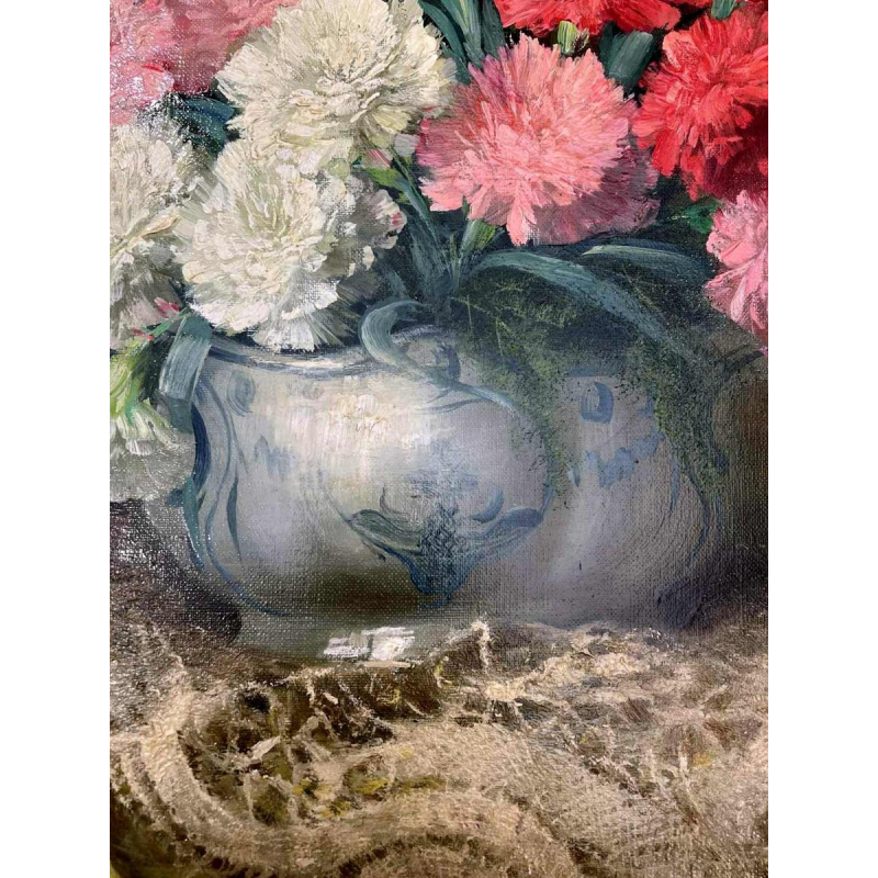 Julien STAPPERS “ Bouquet d’œillets “, tableau huile sur toile, XXème