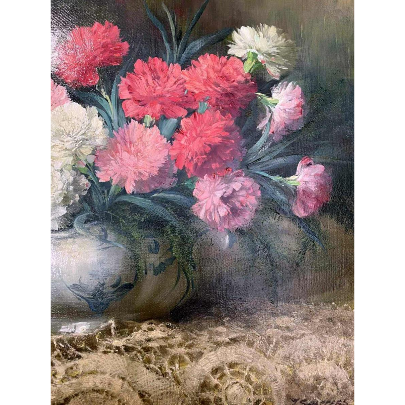 Julien STAPPERS,“Boeket anjers“, schilderij olieverf op doek, 20e eeuw