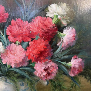 Julien STAPPERS “ Bouquet d’œillets “, tableau huile sur toile, XXème