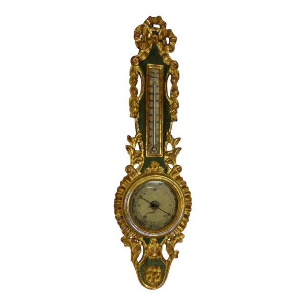 Baromètre-thermomètre Louis XVI à échelle Réaumur en bois doré, par Benard à Provins, XIXe s