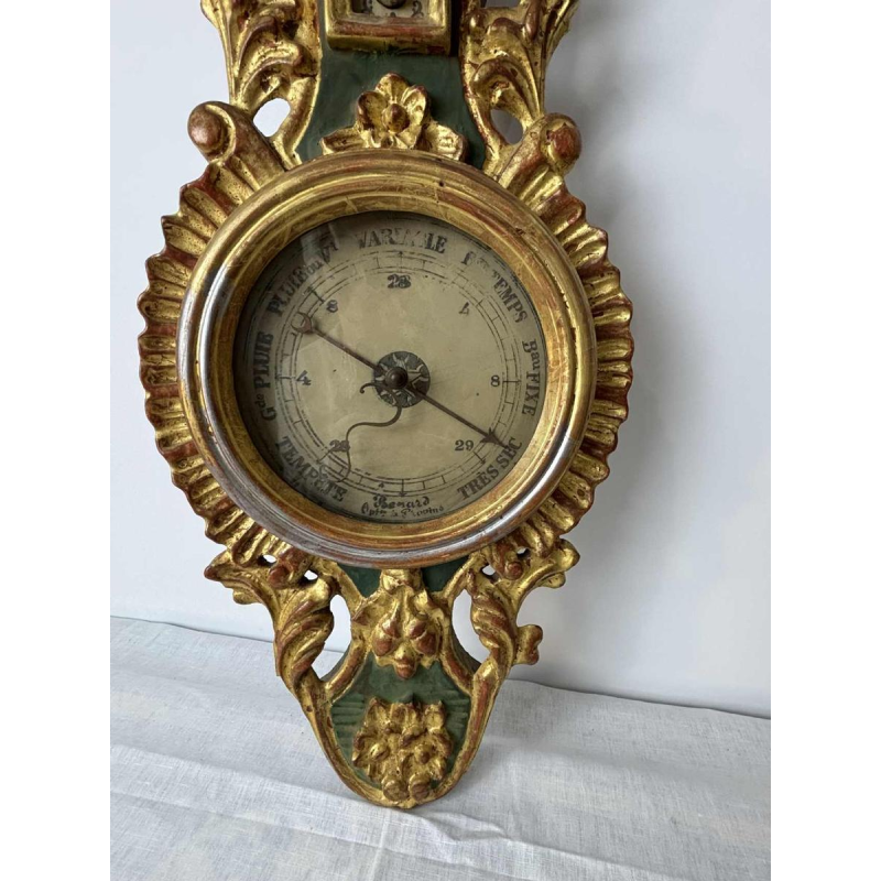Baromètre-thermomètre Louis XVI à échelle Réaumur en bois doré, par Benard à Provins, XIXe s