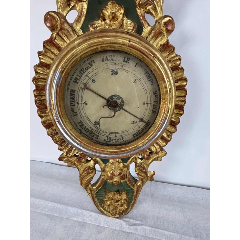 Baromètre-thermomètre Louis XVI à échelle Réaumur en bois doré, par Benard à Provins, XIXe s
