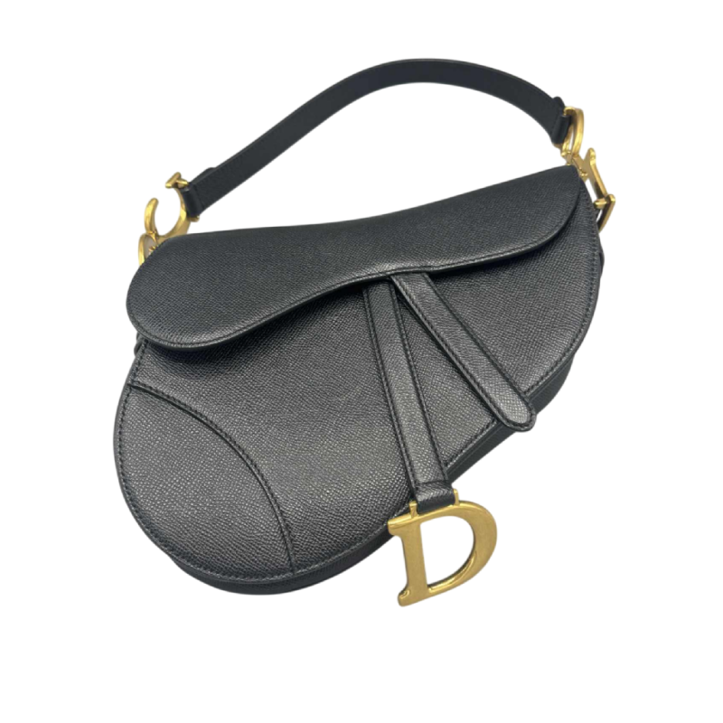Christian Dior. Saddle bag en cuir de veau grainé noir sur doré