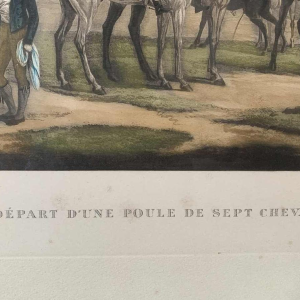 CARLE VERNET 'Départ d'une Poule de 7 chevaux', gravure équestre ancienne, 19ème siècle