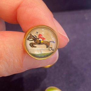 Essex Crystal, pair of ‘horseman jumping a hurdle’ cufflinks, ca 1920