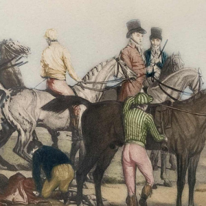 CARLE VERNET 'Départ d'une Poule de 7 chevaux', gravure équestre ancienne, 19ème siècle