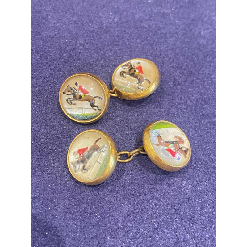 Essex Crystal, pair of ‘horseman jumping a hurdle’ cufflinks, ca 1920