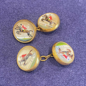 Essex Crystal, pair of ‘horseman jumping a hurdle’ cufflinks, ca 1920