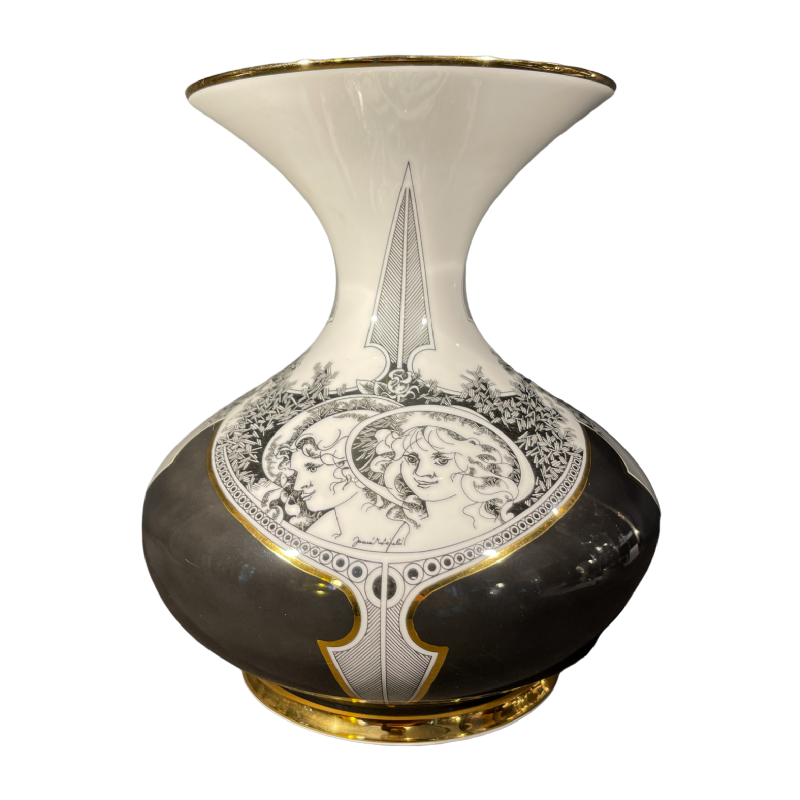 ENDRE SZASZ pour HOLLOHAZA HUNGARY, Grand Vase en Porcelaine Doré, 1970s