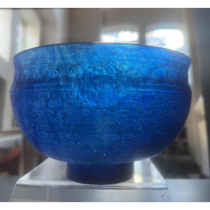 Francois Decorchemont, Art Deco vaas / schaal / schotel van blauw glas, ca 1930