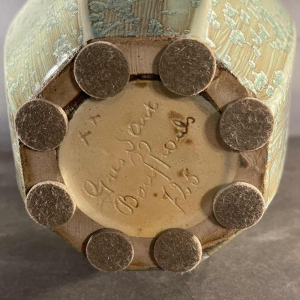 ROGER GUERIN, rare Art Deco vase 725 hexagonal shell, Bouffioulx stoneware 1935