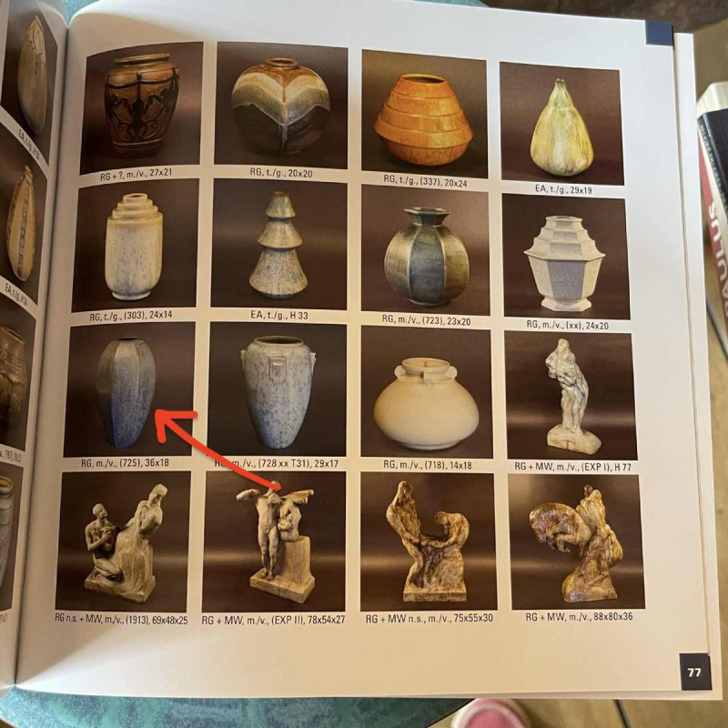 ROGER GUERIN, rare vase Art Deco N° 725 obus hexagonal, gre`s de Bouffioulx 1935