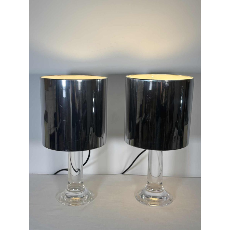 Harvey Guzzini, pair of lamps, plexiglass tulip bases, chrome cylindrical lampshades, Italy, 1970s