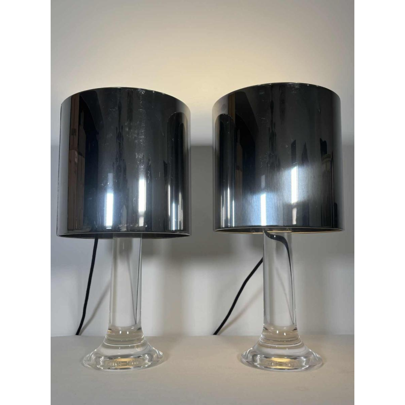 Harvey Guzzini, pair of lamps, plexiglass tulip bases, chrome cylindrical lampshades, Italy, 1970s