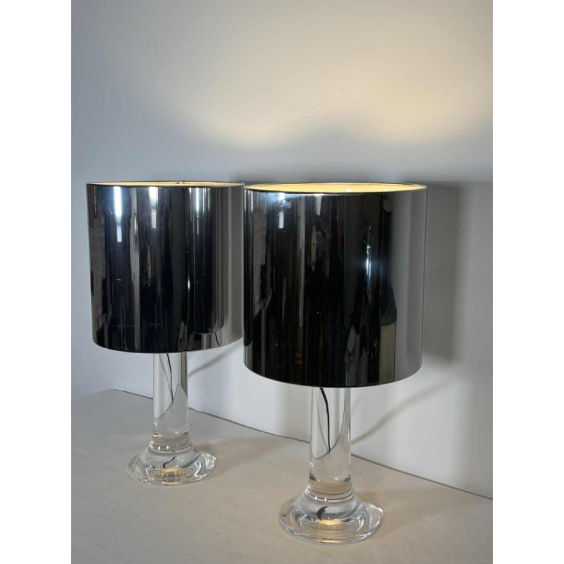 Harvey Guzzini, pair of lamps, plexiglass tulip bases, chrome cylindrical lampshades, Italy, 1970s