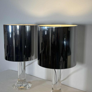Harvey Guzzini, pair of lamps, plexiglass tulip bases, chrome cylindrical lampshades, Italy, 1970s