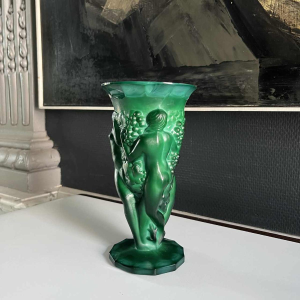 Heinrich Hoffmann (attr) Art Deco vase with bacchantes "Ingrid" series jade crystal / malachite green, ca 1933