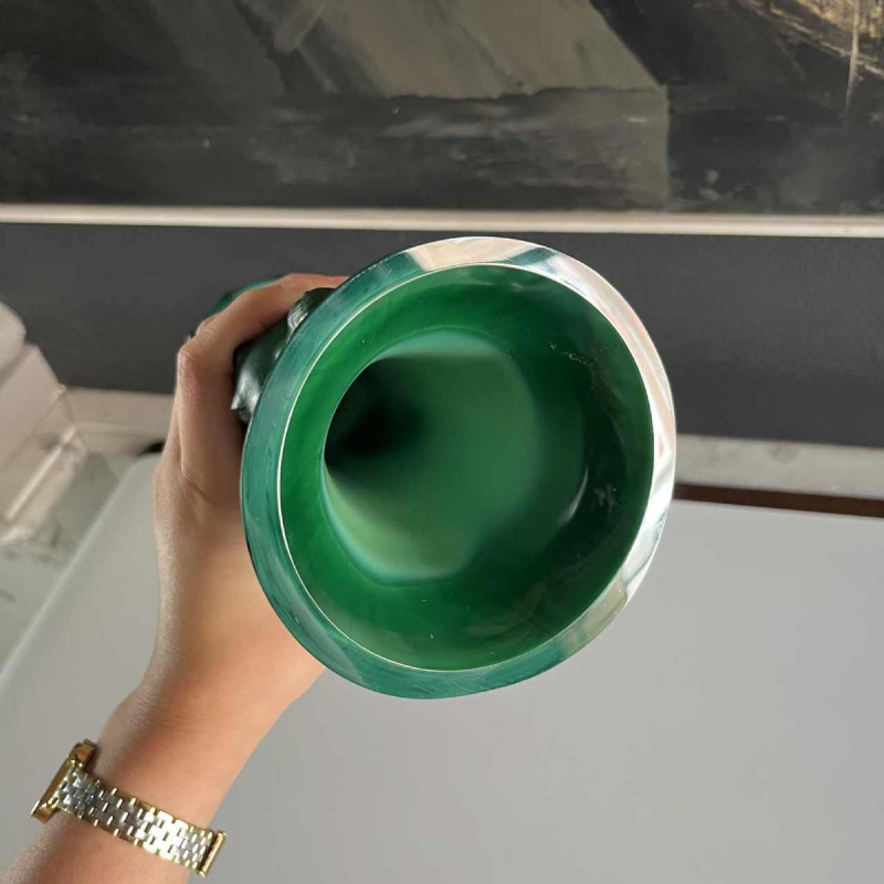 Heinrich Hoffmann (attr) Art Deco vase with bacchantes "Ingrid" series jade crystal / malachite green, ca 1933