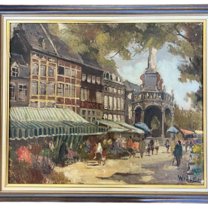 “Place du Marché à Liège“, schilderij olieverf op doek, gesigneerd WILLEM