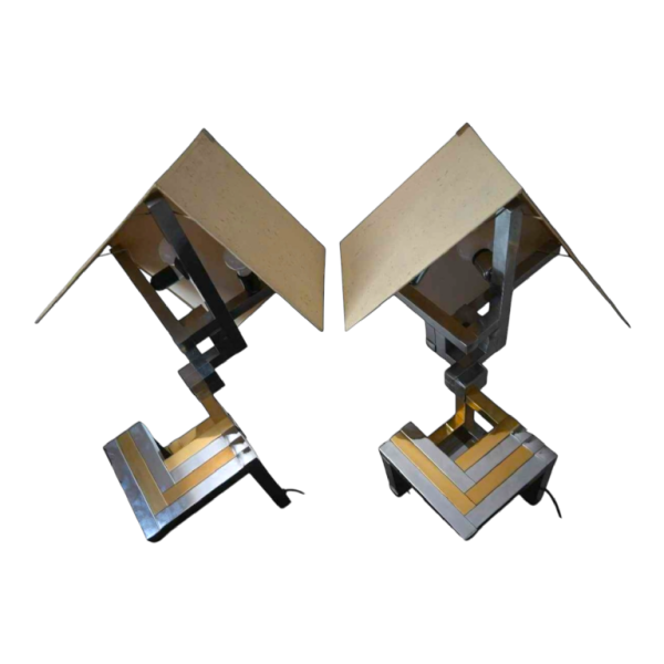 Lumica (Barcelona) Large pair of table lamps, polished brass & chromed steel, ca 1970