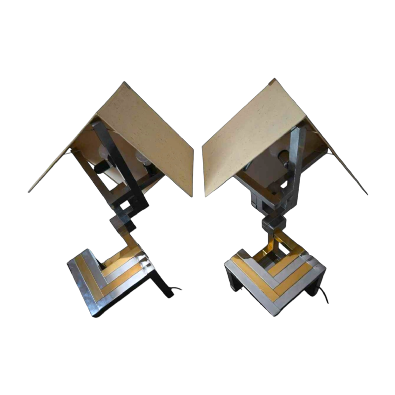Lumica (Barcelona) Large pair of table lamps, polished brass & chromed steel, ca 1970
