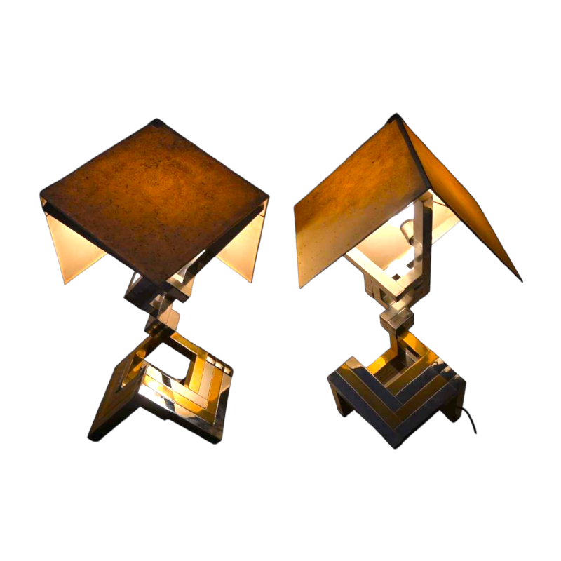 Lumica (Barcelone) Grande paire de lampes à poser, laiton poli & acier chromé, ca 1970