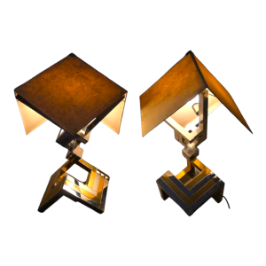 Lumica (Barcelone) Grande paire de lampes à poser, laiton poli & acier chromé, ca 1970