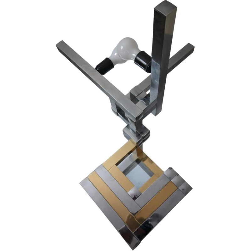 Lumica (Barcelona) Large pair of table lamps, polished brass & chromed steel, ca 1970