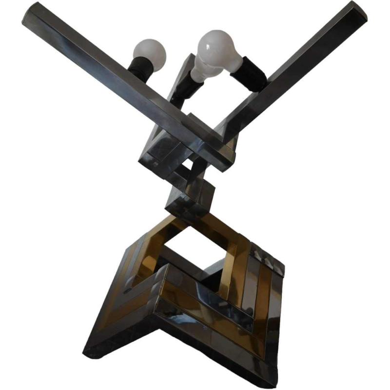 Lumica (Barcelona) Large pair of table lamps, polished brass & chromed steel, ca 1970