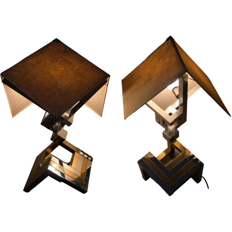 Lumica (Barcelona) Paar grote lampen, gepolijst messing en chroom, Spanje ca 1970