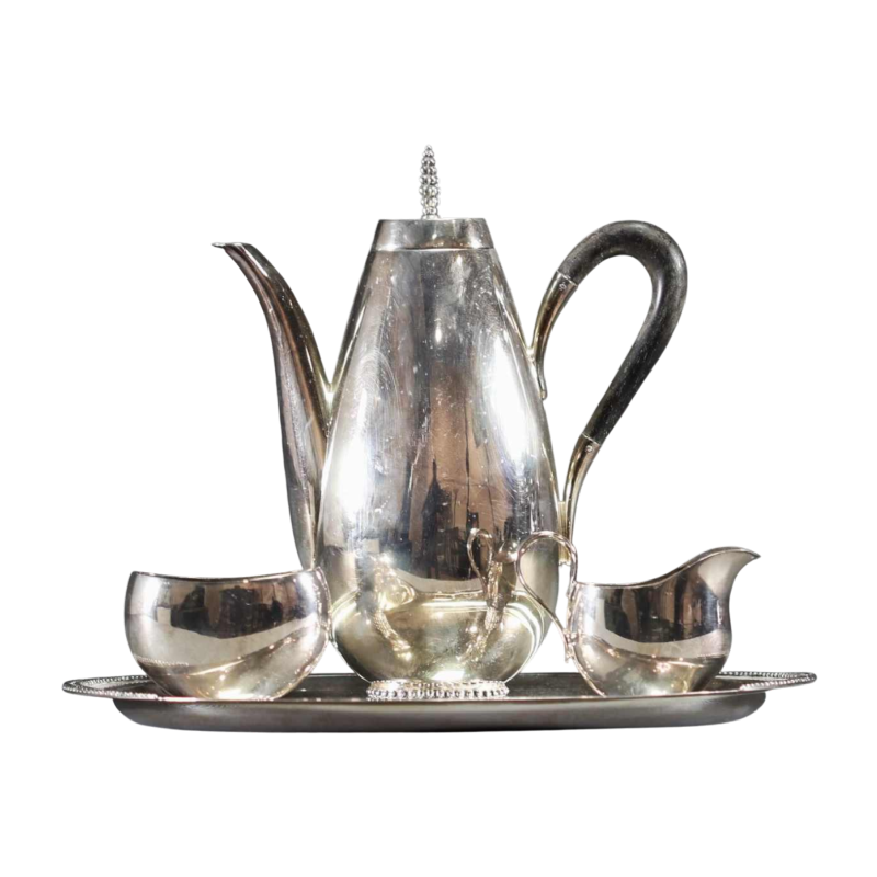 Jakob Grimminger, Art Deco zilveren thee / koffieservies, tête-à-tête, Duits ontwerp, begin 20e eeuw