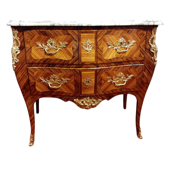 Gerestaureerde Louis XV-kommode met gebogen vormen, bronzen versieringen, marmeren blad, 19e eeuw