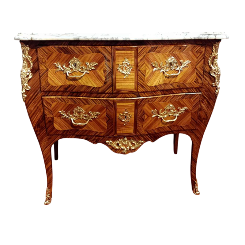 Commode sauteuse Louis XV galbée restaurée, ornements en bronze, tablette marbre, XIXe s