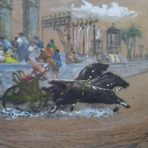Ettore Forti (xix-xx) "Chariot race in the Circus Maximus" mixed media painting on paper, late 19th century
