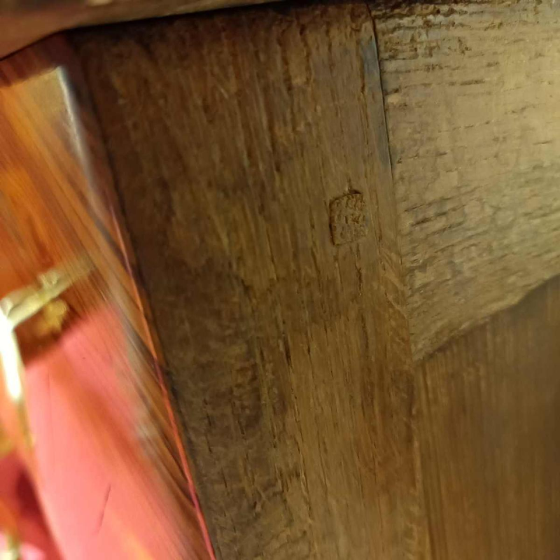 Restored curved Louis XV chest of drawers, bronze decorations, marble top, 19th century