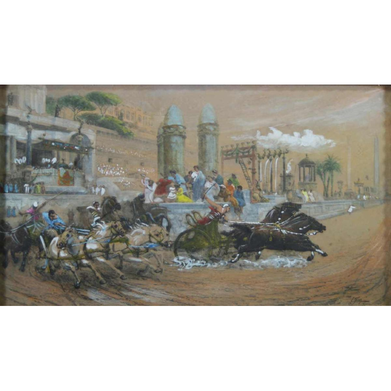 Ettore Forti (xix-xx) "Wagenrace in het Circus Maximus" gemengde techniek op papier, eind 19e eeuw
