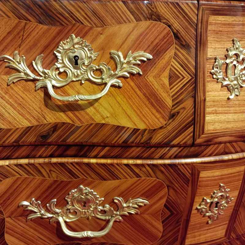 Restored curved Louis XV chest of drawers, bronze decorations, marble top, 19th century