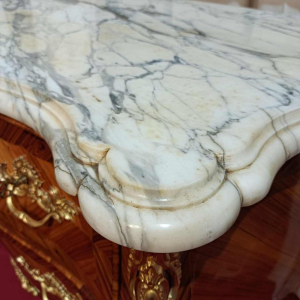 Restored curved Louis XV chest of drawers, bronze decorations, marble top, 19th century