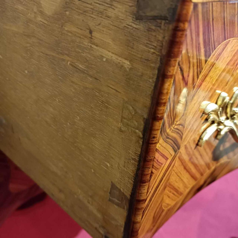 Restored curved Louis XV chest of drawers, bronze decorations, marble top, 19th century