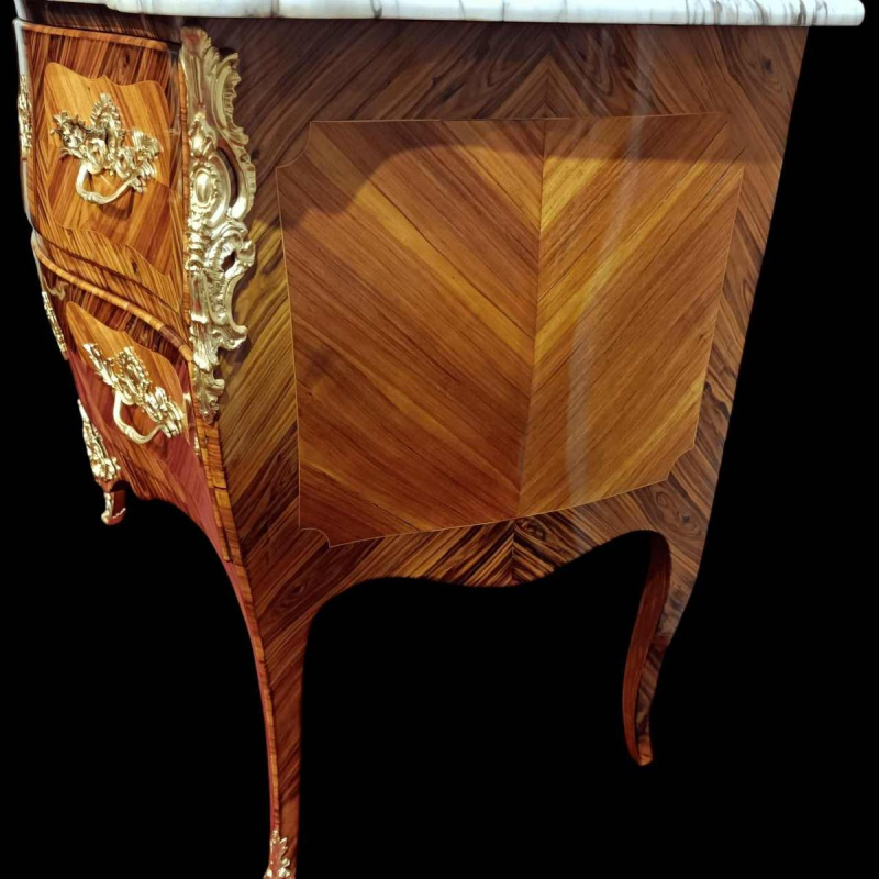 Restored curved Louis XV chest of drawers, bronze decorations, marble top, 19th century